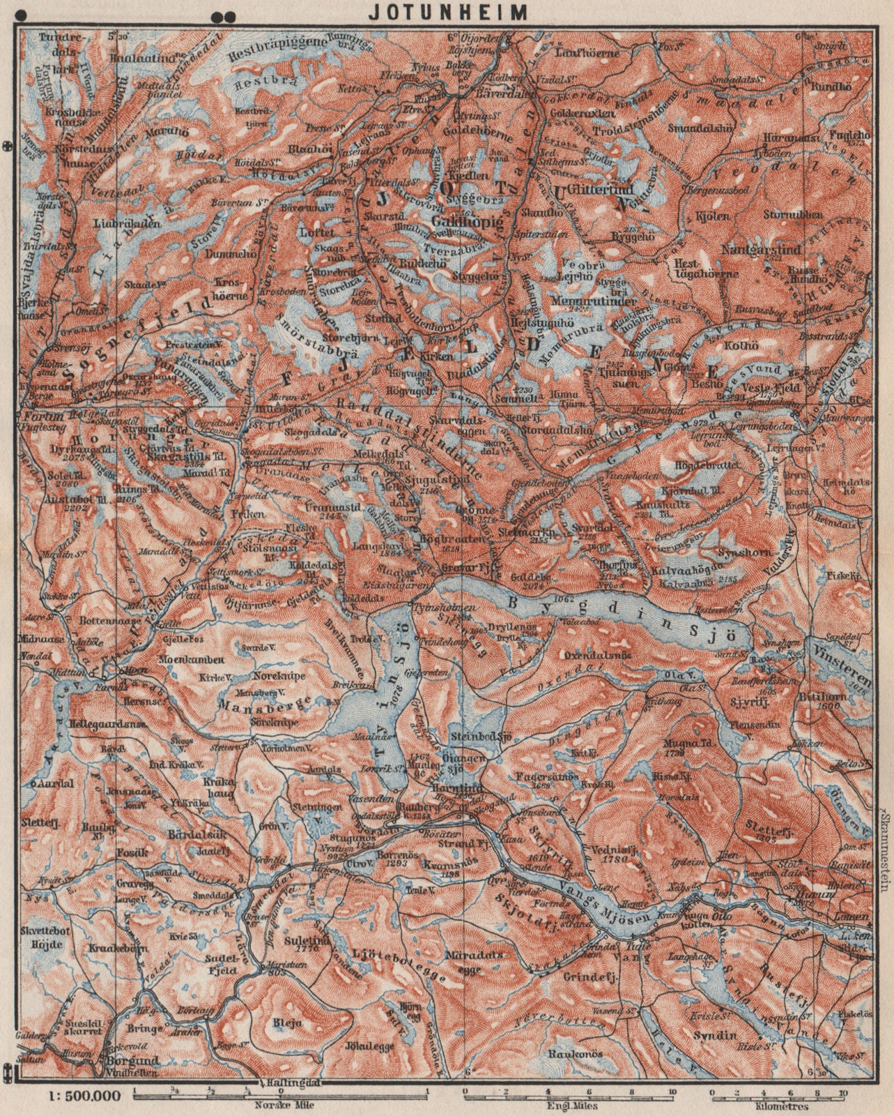 JOTUNHEIMEN Nasjonalpark topo-map. Norway kart. BAEDEKER 1899 old antique